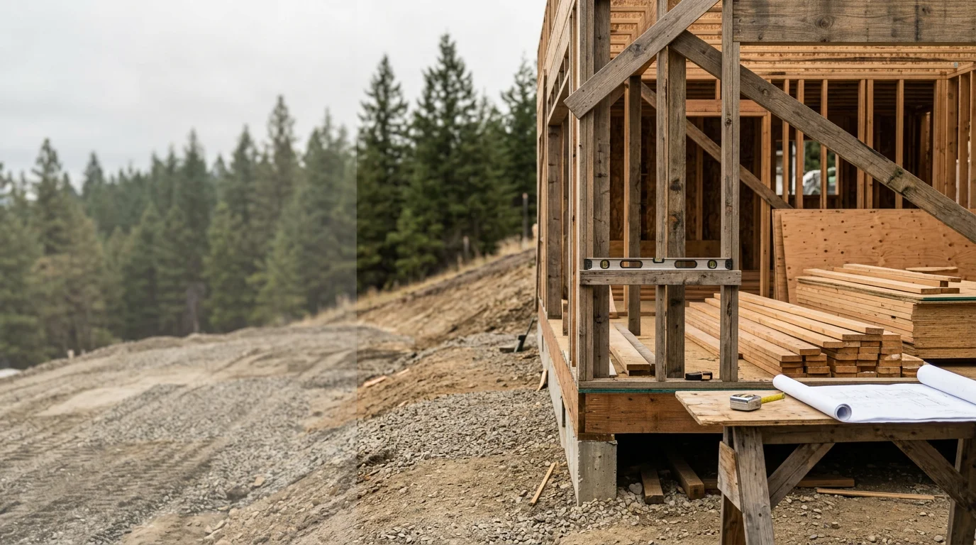 A newly constructed detached accessory building with a clean exterior finish on a residential property in Chelan, Washington. The structure sits alongside a custom home against a backdrop of the surrounding hillside terrain common to the Chelan area.