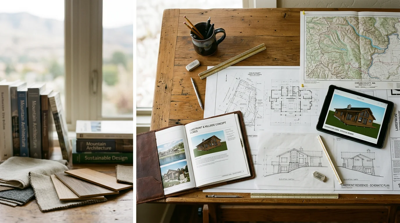 A family-owned builder meeting with clients at a table in Chelan, reviewing custom home design plans and material samples. The setting reflects a personal, detail-focused consultation for a custom home build in the Wenatchee Valley.