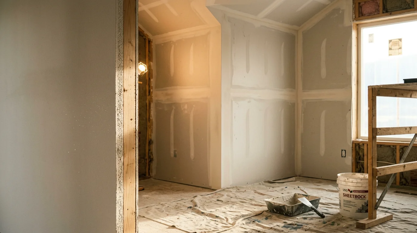 Freshly installed and taped drywall covering the interior walls and ceiling of a custom home under construction in Chelan, Washington. Smooth mud coats are visible at the seams, with window rough openings framed out and ready for trim.