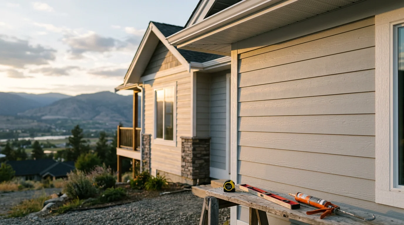 Completed custom home exterior in Chelan, Washington, showing finished siding, trim, and soffit work on a hillside lot with valley views. Exterior finishing by Upland Builders reflects a designer-level finish suited to the Lake Chelan area's four-season climate.