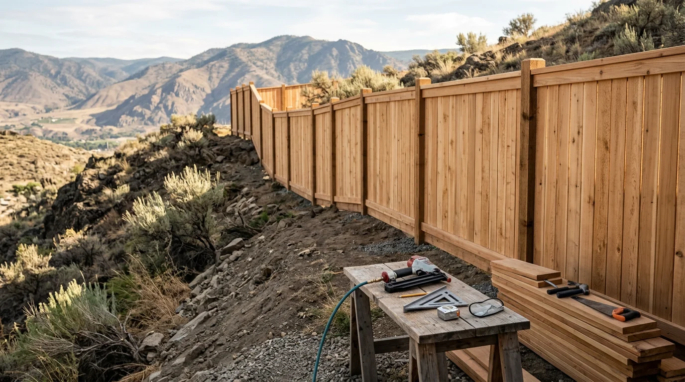 A custom wood fence built by Upland Builders on a residential property in Chelan, Washington, with the hillside terrain and clear Eastern Washington sky visible in the background. The fence lines follow the natural slope of the yard with even post spacing and a clean, finished top rail.