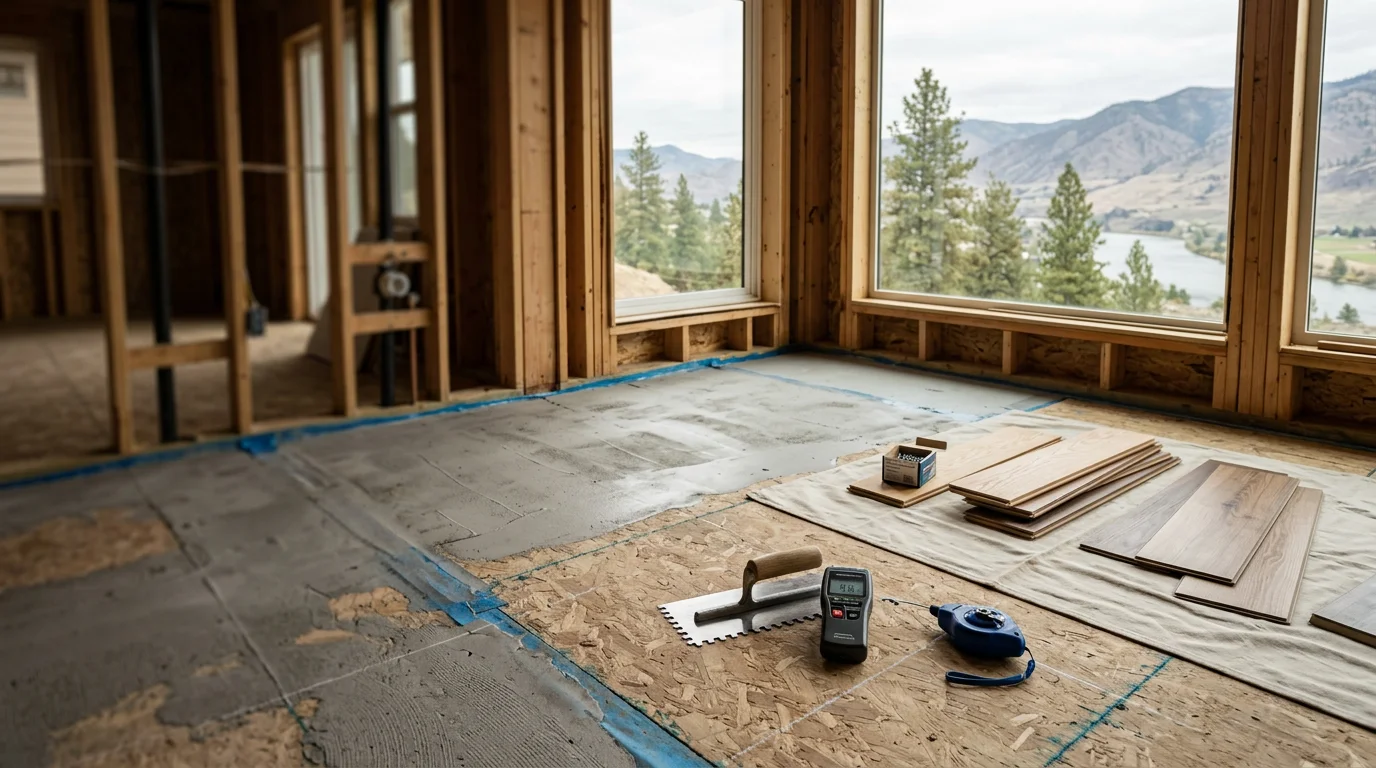 Freshly installed custom flooring in a Chelan home with warm natural light across a open-plan living area. The floor runs cleanly from the main living space into an adjoining room, showing consistent finish and tight seams throughout.