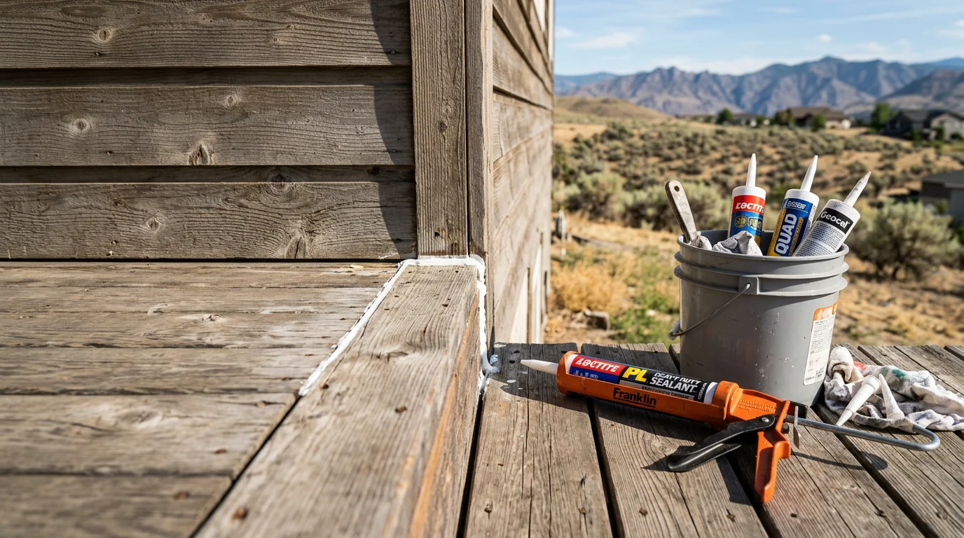 A residential home exterior in Chelan, Washington showing completed repair work on siding and trim with Lake Chelan visible in the background. A builder reviews the finished surface in clear afternoon light.
