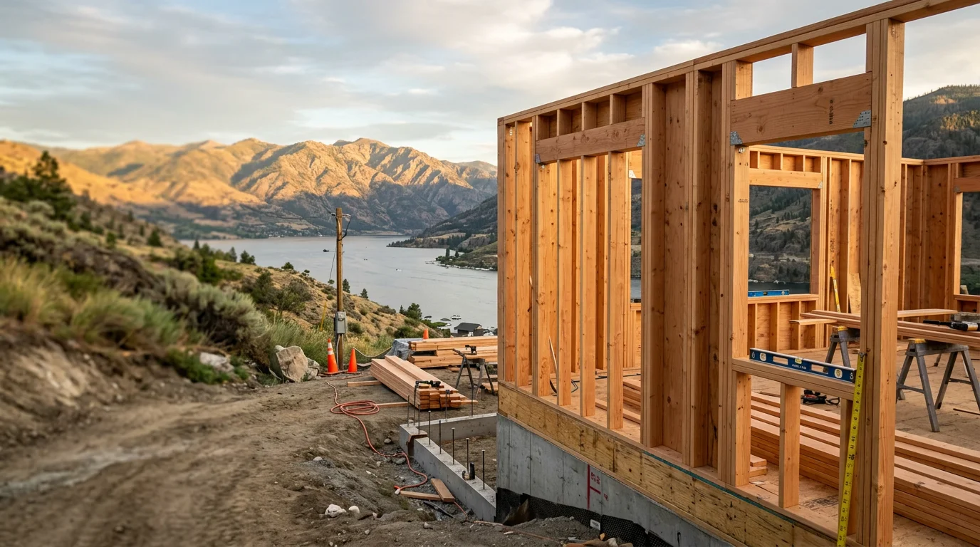 A newly completed custom home on a hillside lot in Chelan, Washington, with mountain and lake views visible in the background. The exterior reflects a designer-level finish suited to the surrounding terrain.