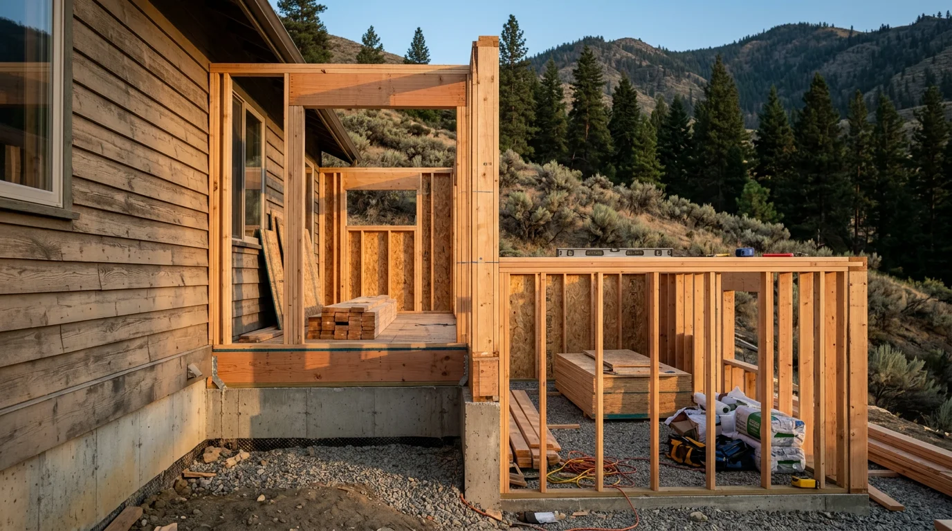 A newly completed home extension on a residential property in Chelan, Washington, showing a seamlessly tied-in roofline and matching exterior siding. The addition expands the living area of an existing single-family home on a sloped lot near Lake Chelan.