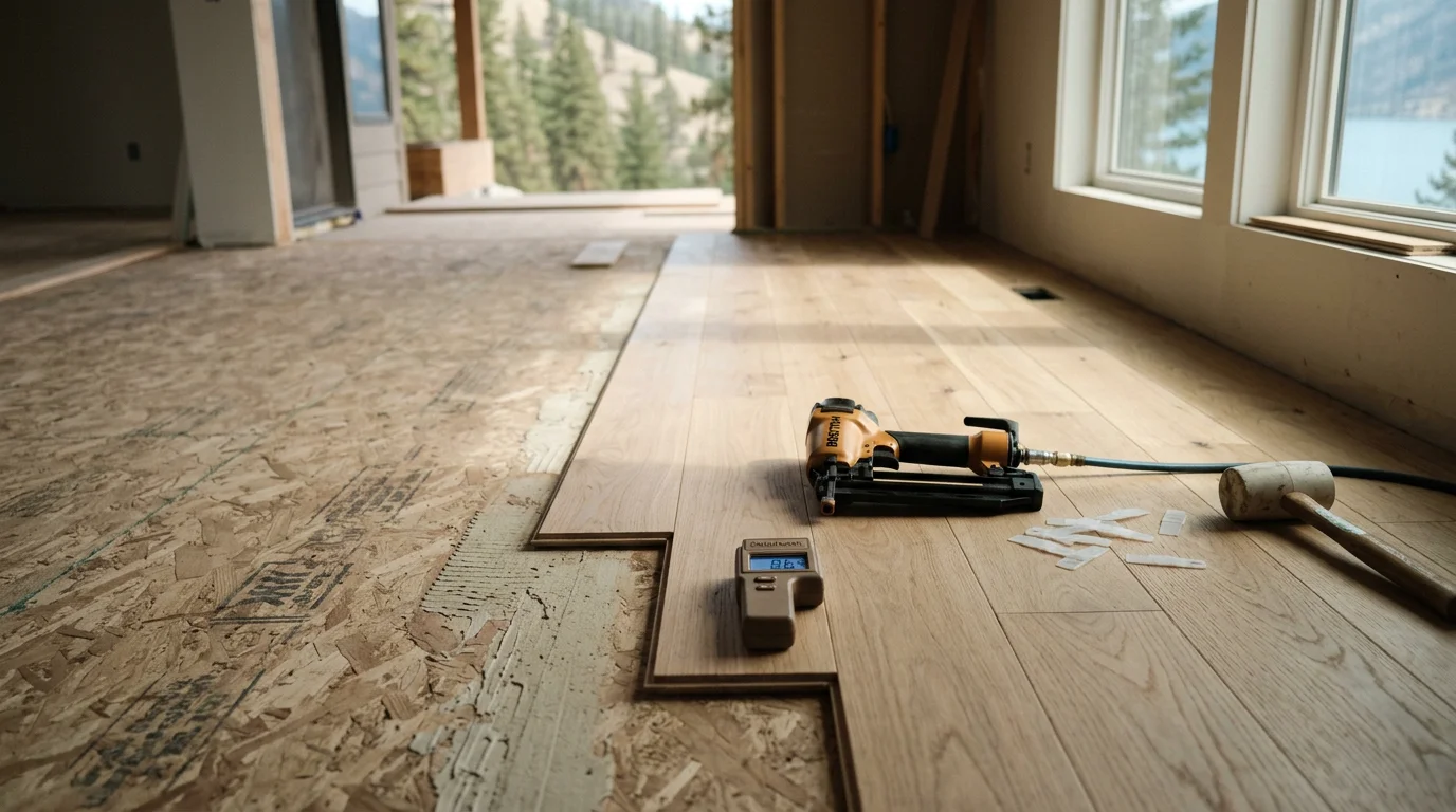 Newly installed custom flooring in a Chelan area home, showing a clean finished surface running through an open living space. The floor reflects natural light from large windows typical of homes built near Lake Chelan.