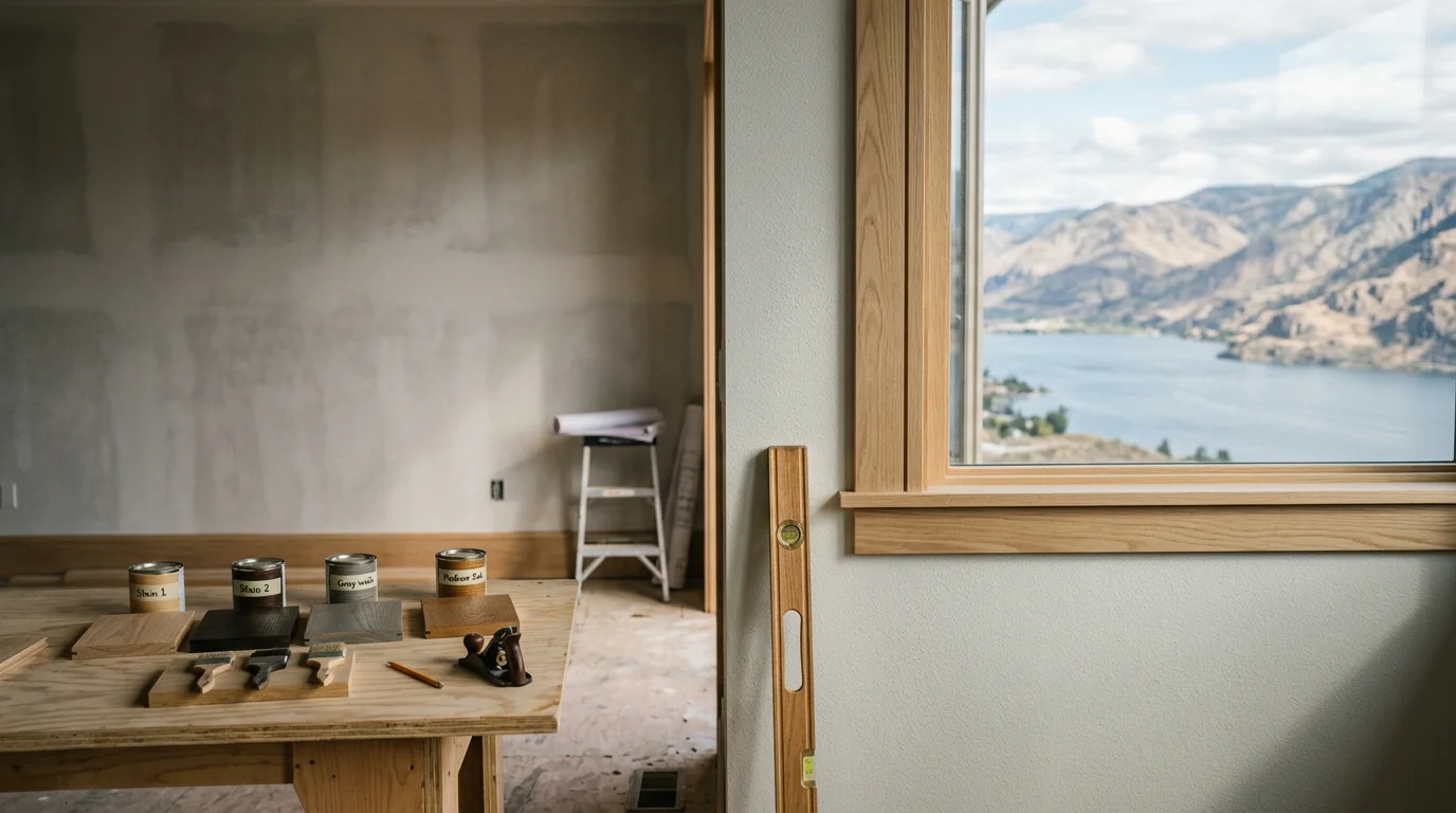 Completed custom home interior in Chelan, Washington, showing detailed trim work, finished flooring, and cohesive wall treatments in an open living space. The room reflects a tailored, designer-level finish typical of Upland Builders custom homes in the Wenatchee Valley.