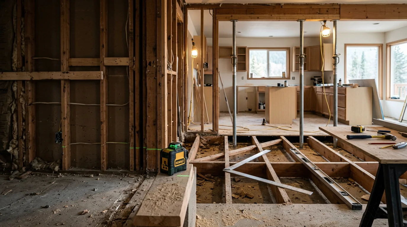 Interior framing repair in a Chelan home showing corrected load-bearing wall structure with exposed studs and a clean subfloor ready for finishing. Work completed by Upland Builders serving the greater Wenatchee Valley.