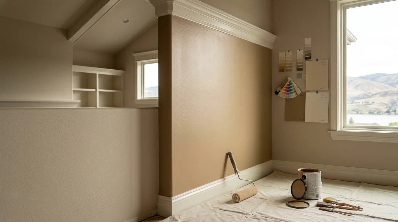 Freshly painted interior of a custom home in Chelan, Washington, showing crisp trim lines, a neutral wall color, and vaulted ceiling with natural light from large windows. Close-up detail of a clean paint edge where wall meets white trim in a Wenatchee Valley custom build.
