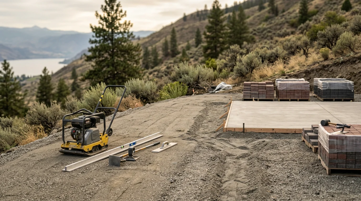A custom-built patio on a residential property in Chelan, Washington, with a finished surface and open views toward the surrounding hillside terrain. The patio features a clean, level surface designed for outdoor entertaining on a sloped lot.