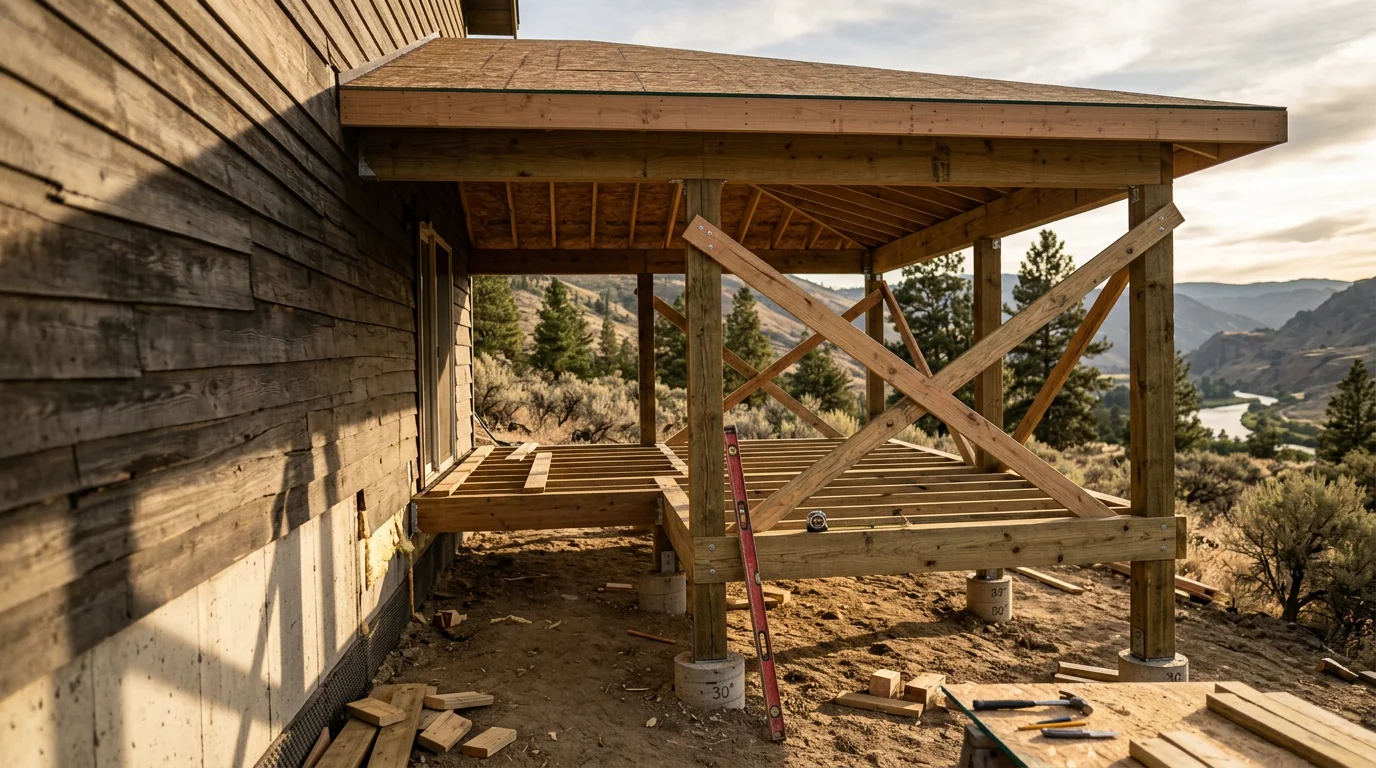 A newly constructed custom covered front porch on a residential home in Chelan, Washington, featuring a finished roofline and wood framing with views of the surrounding hillside landscape.