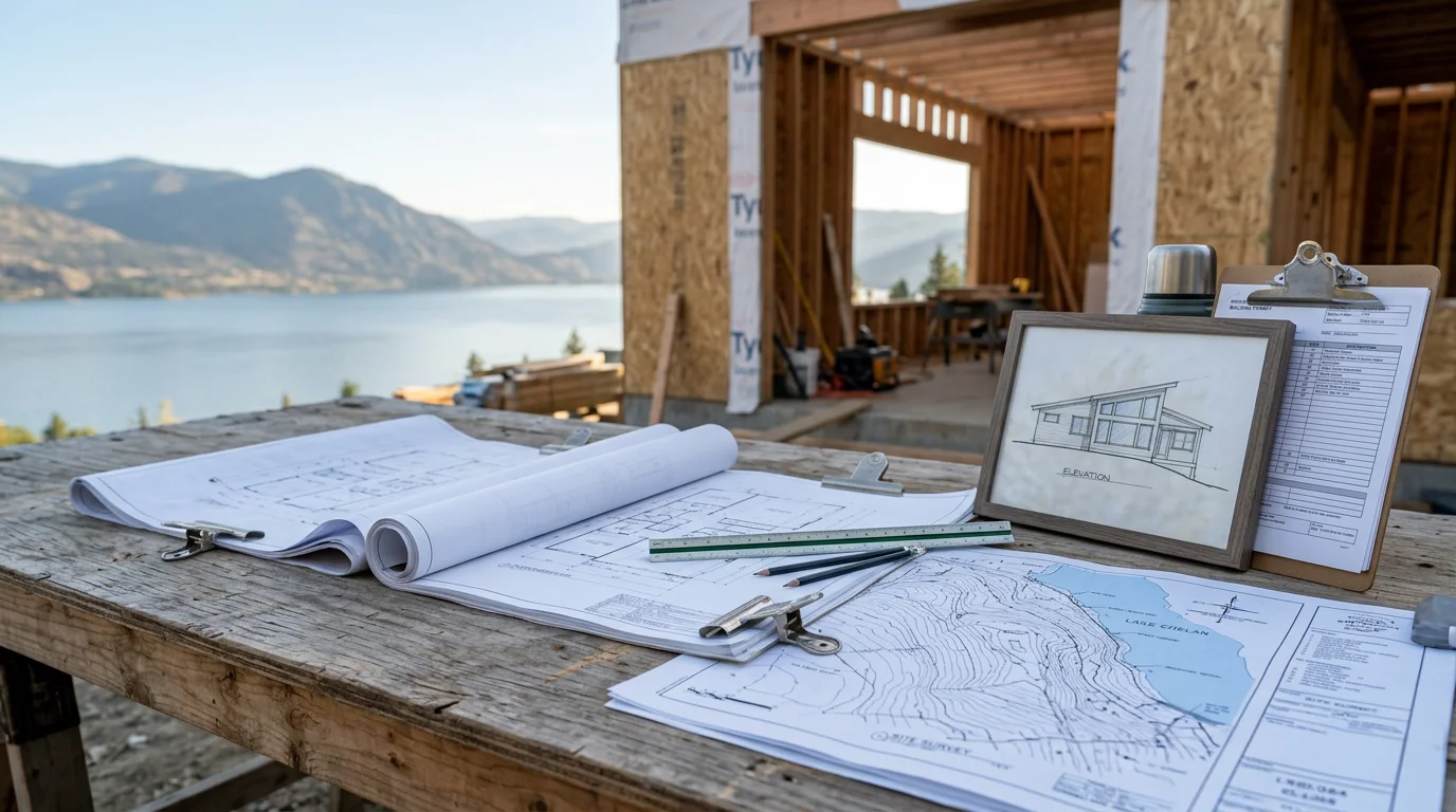 A newly built home in Chelan, Washington constructed from a predesigned floor plan, showing a finished exterior on a residential lot with mountain terrain in the background. The home reflects a clean, intentional layout built by Upland Builders for a local family.