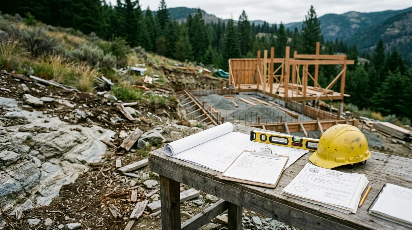 A custom home build site in Chelan, Washington, showing active construction on a hillside lot with coordinated framing and site work underway. The surrounding terrain and lake views reflect the local building environment managed by Upland Builders.
