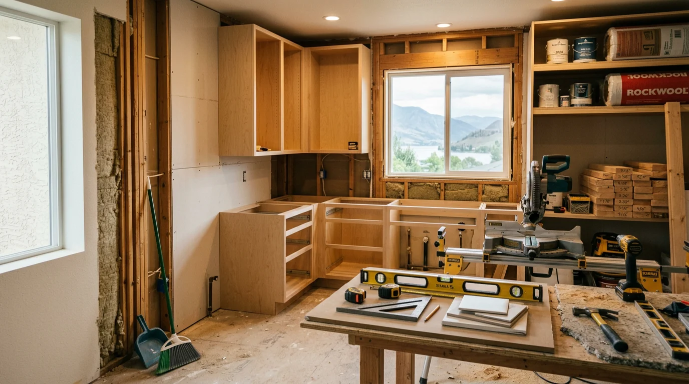 A remodeled kitchen interior in a Chelan home featuring custom cabinetry and designer-level finish work. The open layout reflects the elevated, tailored style Upland Builders brings to Wenatchee Valley remodeling projects.