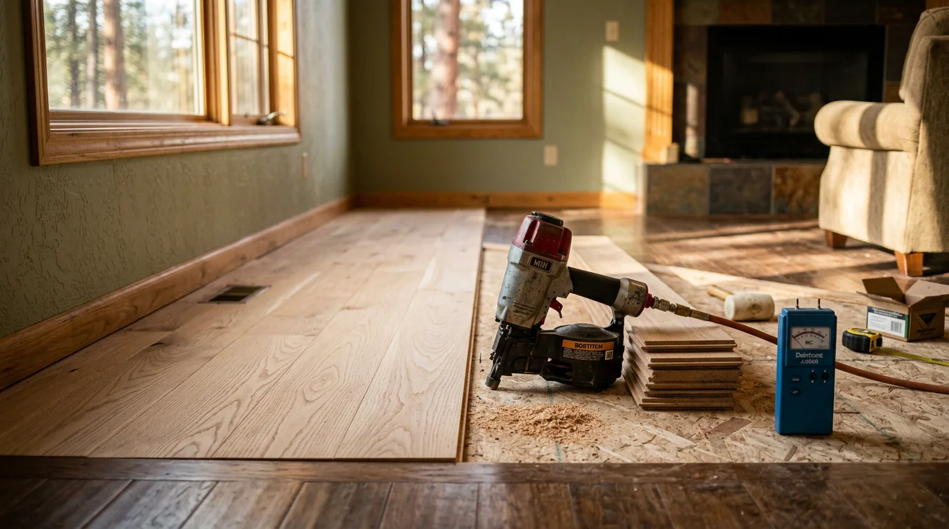 Close-up of repaired hardwood flooring in a Chelan home, showing tight plank seams and a smooth, even surface after professional floor repair work. Natural light from a window highlights the restored finish in a North Central Washington residential interior.