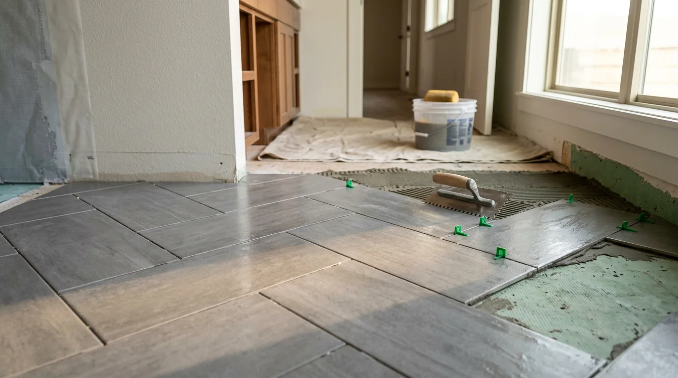 Custom tile installation in a Chelan home bathroom, showing a precisely laid floor tile pattern with clean grout lines and finished wall tile surrounding a walk-in shower. The work reflects designer-level detail typical of Upland Builders custom home projects in the Wenatchee Valley.