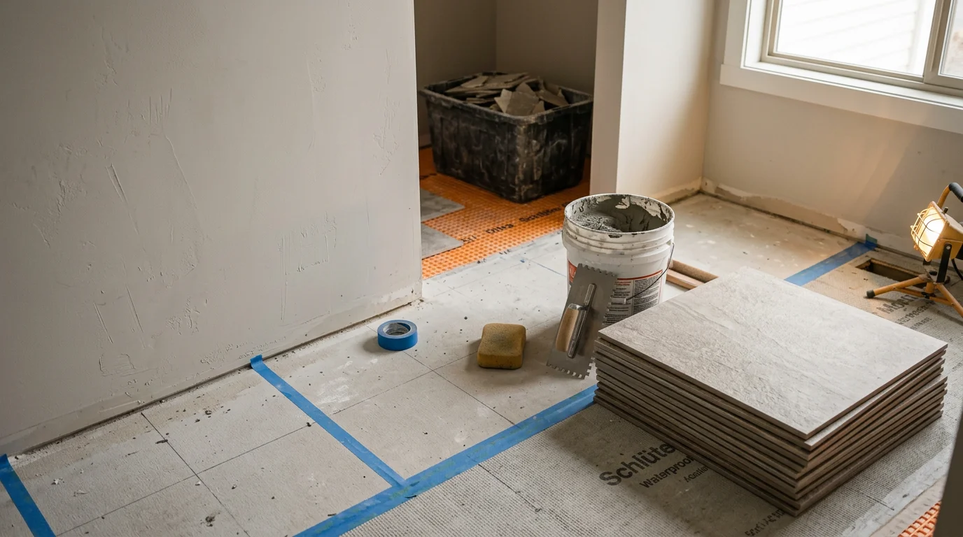 Freshly replaced floor tile in a Chelan home bathroom, showing clean grout lines and a consistent surface finish. The tile runs from the shower base to the doorway with precise edge cuts and even spacing throughout.