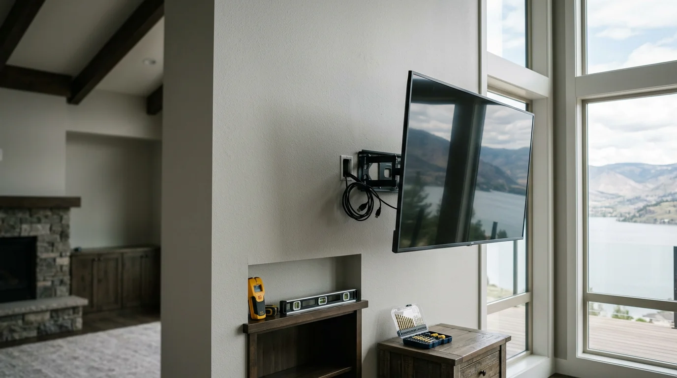 A flat-screen TV mounted flush on a light-colored interior wall in a custom home in Chelan, Washington, with cables concealed and a lake-view window visible to the side. The mount is centered above a low media console in a clean, open living room.